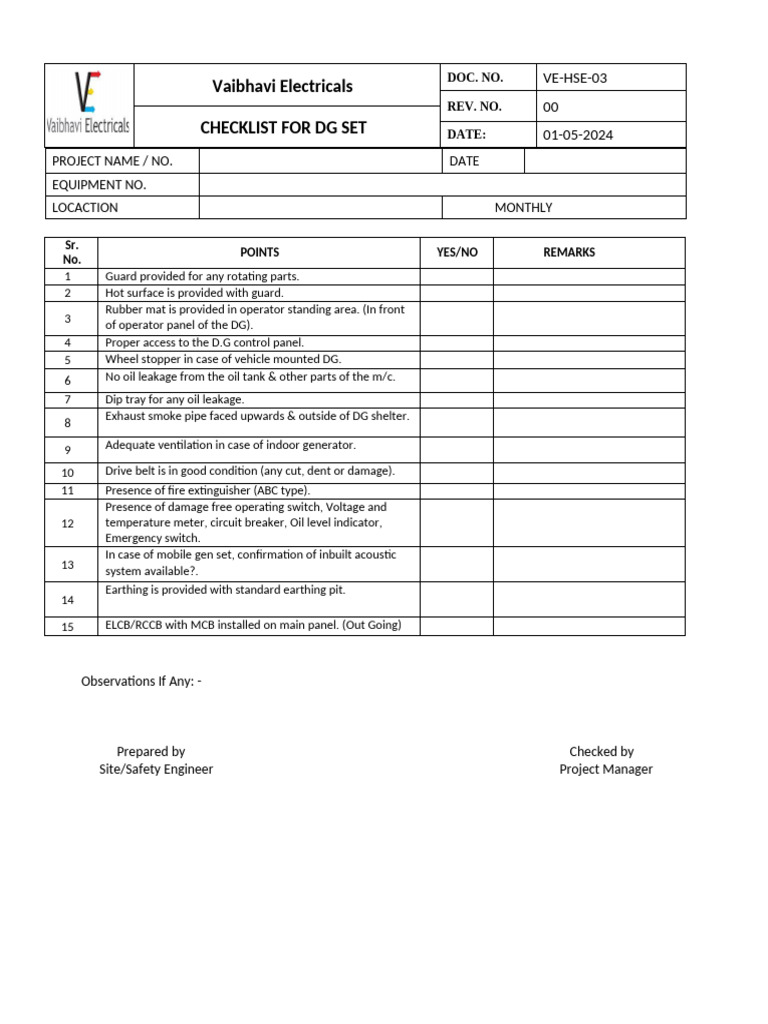 Checklist of Dg Set | PDF