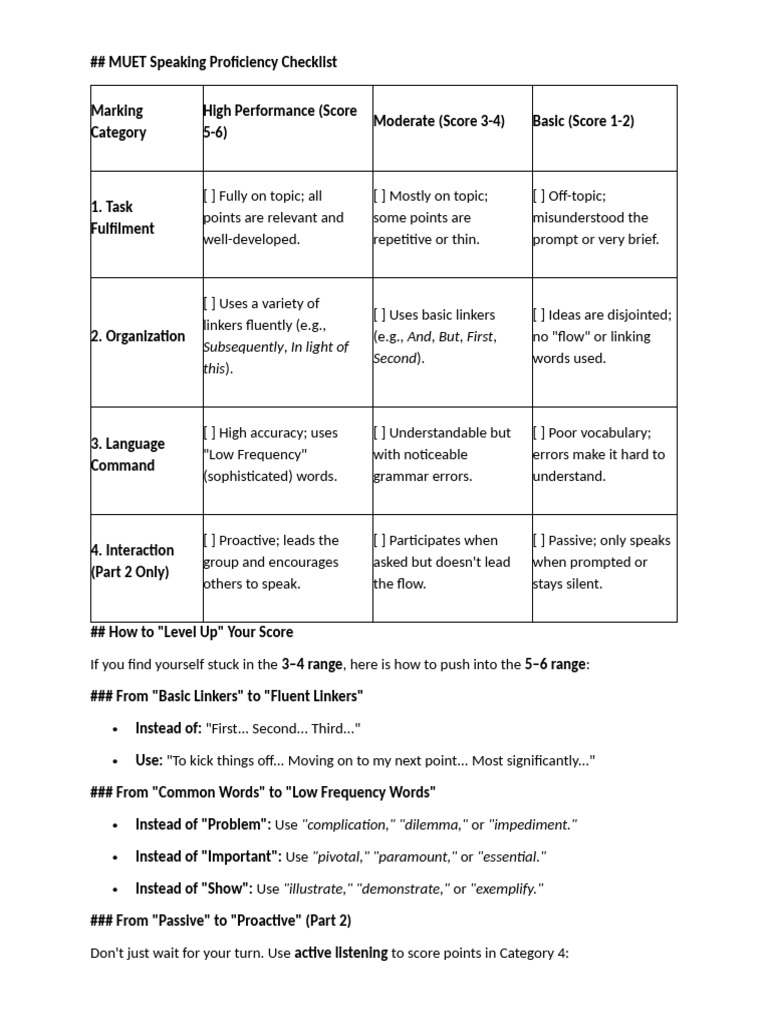 MUET Speaking Proficiency Checklist | PDF | Cognitive Psychology ...