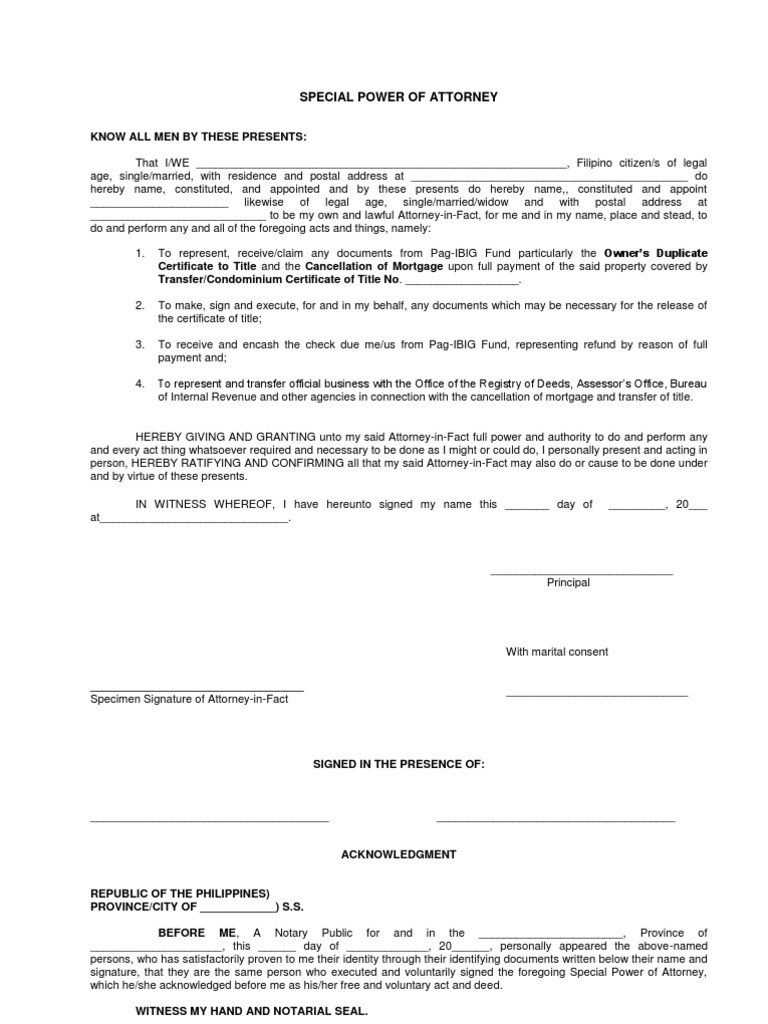 FLH061 Special Power of Attorney (Release of Title) PDF Power Of