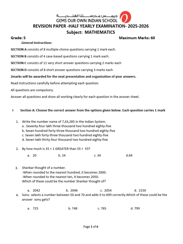 Half Yearly Revision 2025-26 Grade 5 Maths | PDF