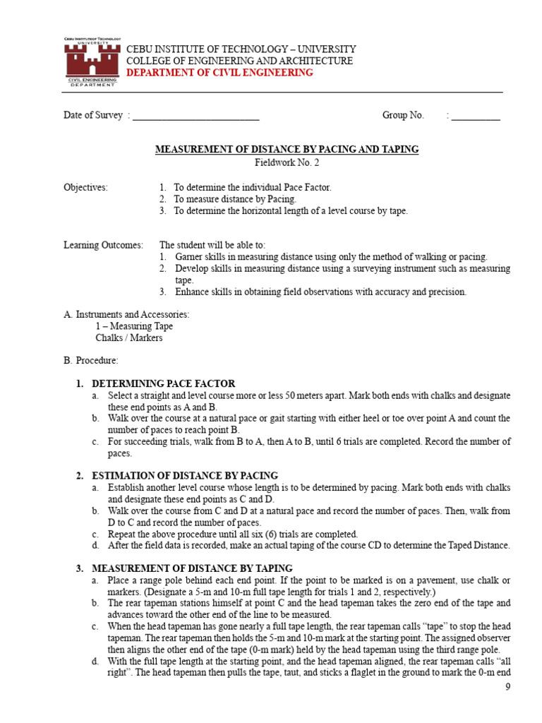 02-Measurement of Distance by Pacing and Taping | PDF | Mean | Surveying