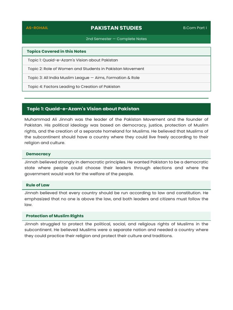 Ps Notes as Rohail-1 | PDF | All India Muslim League | Pakistan Movement