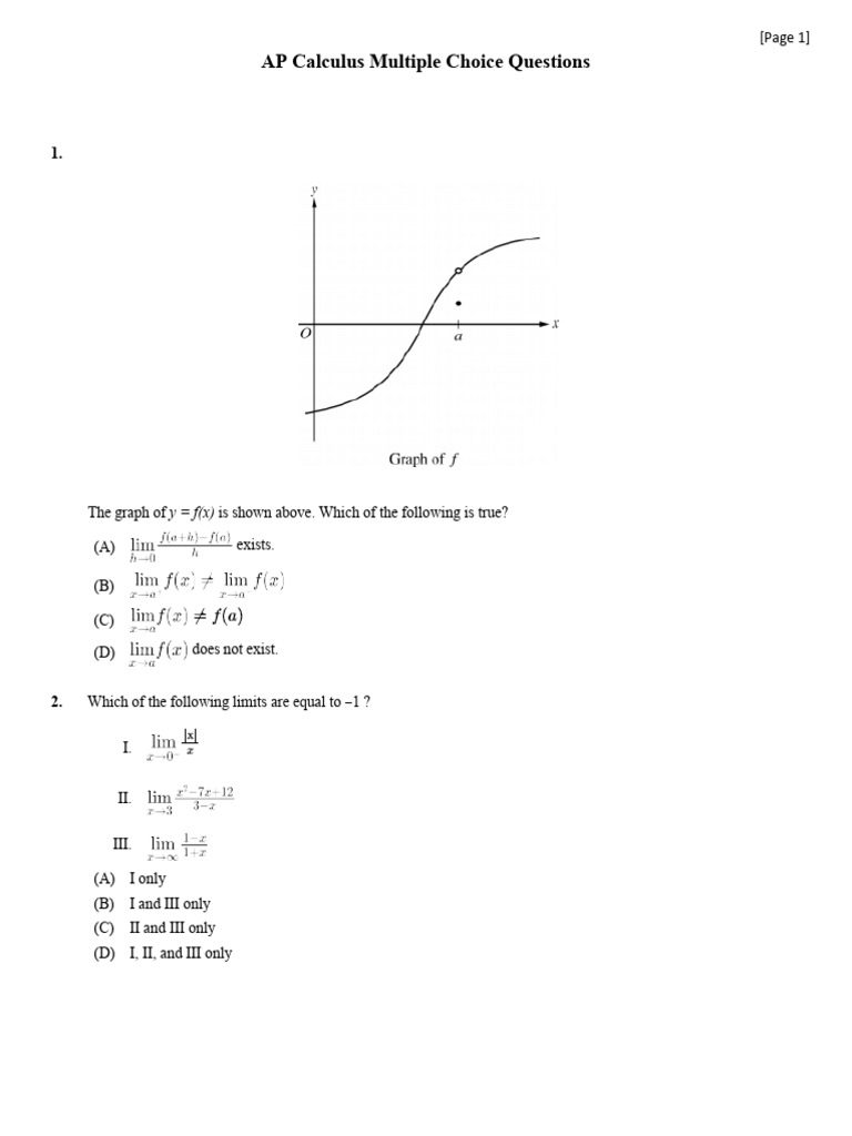 AP Calculus AB and BC Multiple Choice Set of Questions | PDF ...