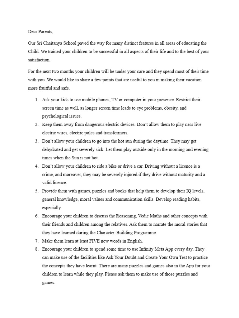 Summer Vacation Guidelines Letter to Parents | PDF