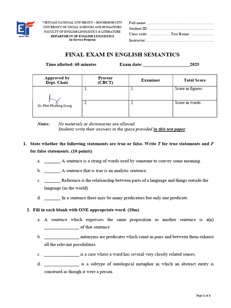 Semantics 2025 Final Test | PDF | Proposition | Semantics