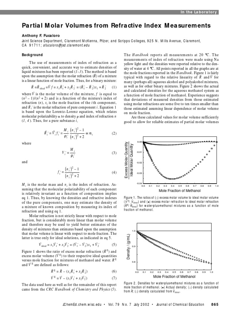 Partial Molar Volumes From Refractive Index Measurements | PDF | Molar ...