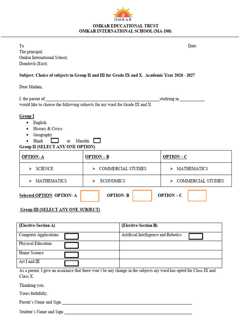Subject Selection Form 2025 - 26 | PDF