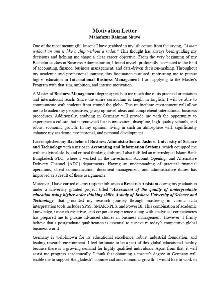 Motivation Letter Almost Final | PDF | University | Academic Degree
