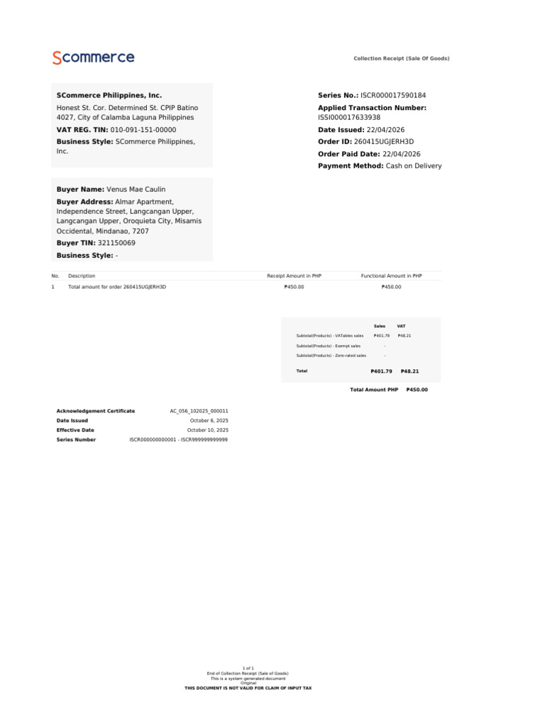 Collection Receipt | PDF | Receipt | Taxation