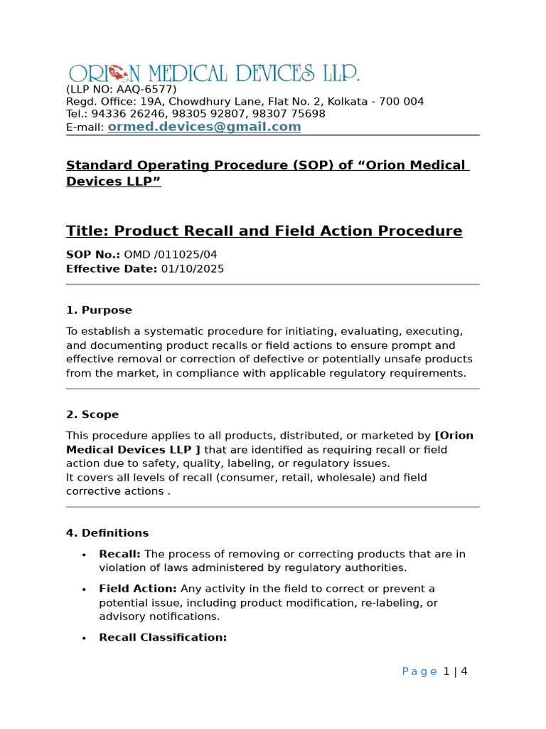 Product Recall and Field Action Procedure | PDF | Regulatory Compliance ...