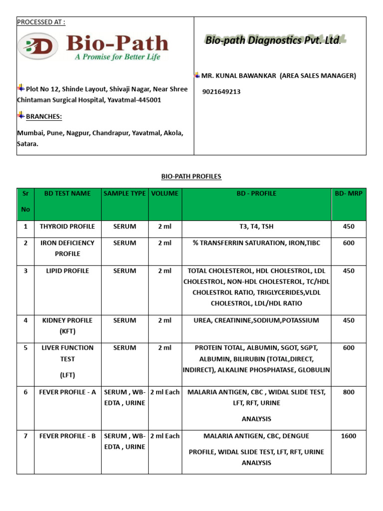 BIO PATH PROFILE RATE LIST | PDF | Blood Plasma | Cholesterol