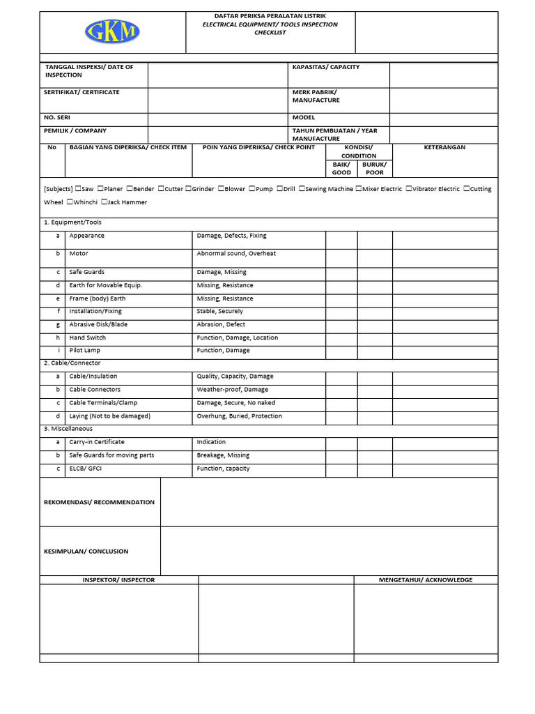 Electrical Checklist 092344 | PDF | Electricity | Machines