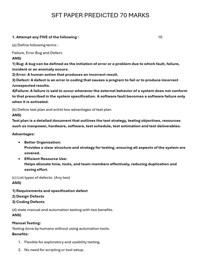Sft Paper Predicted 70 Marks Answer | PDF | Software Testing | Software Bug