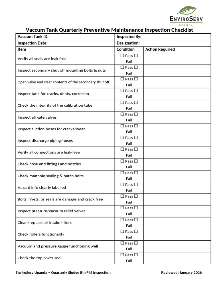 Quarterly PM Inspection Checklist - Vacuum Tanks | PDF | Vacuum Cleaner ...