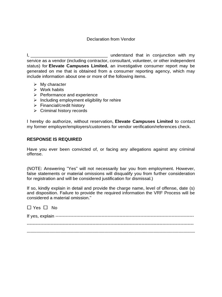 Declaration From Vendor | PDF