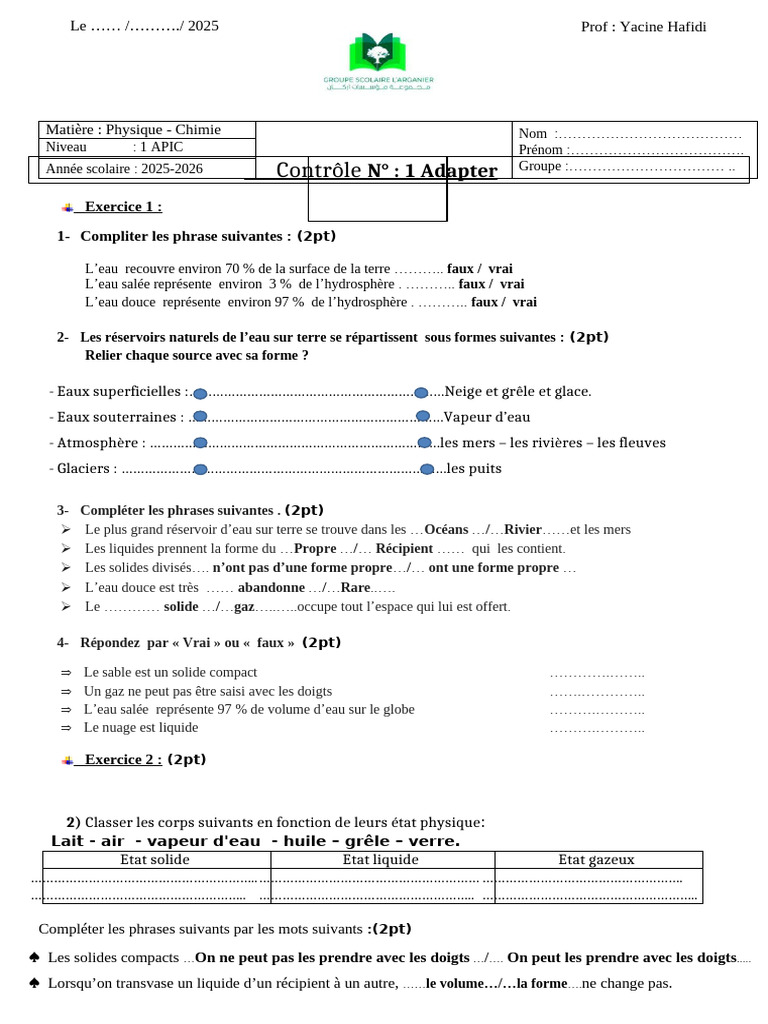 Control 1 1AC Physique 2025-2026 Adapter | PDF | Gaz | Eau