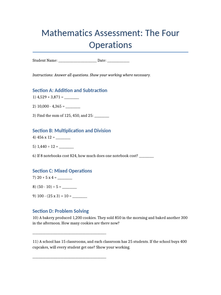Math Test Four Operations | PDF