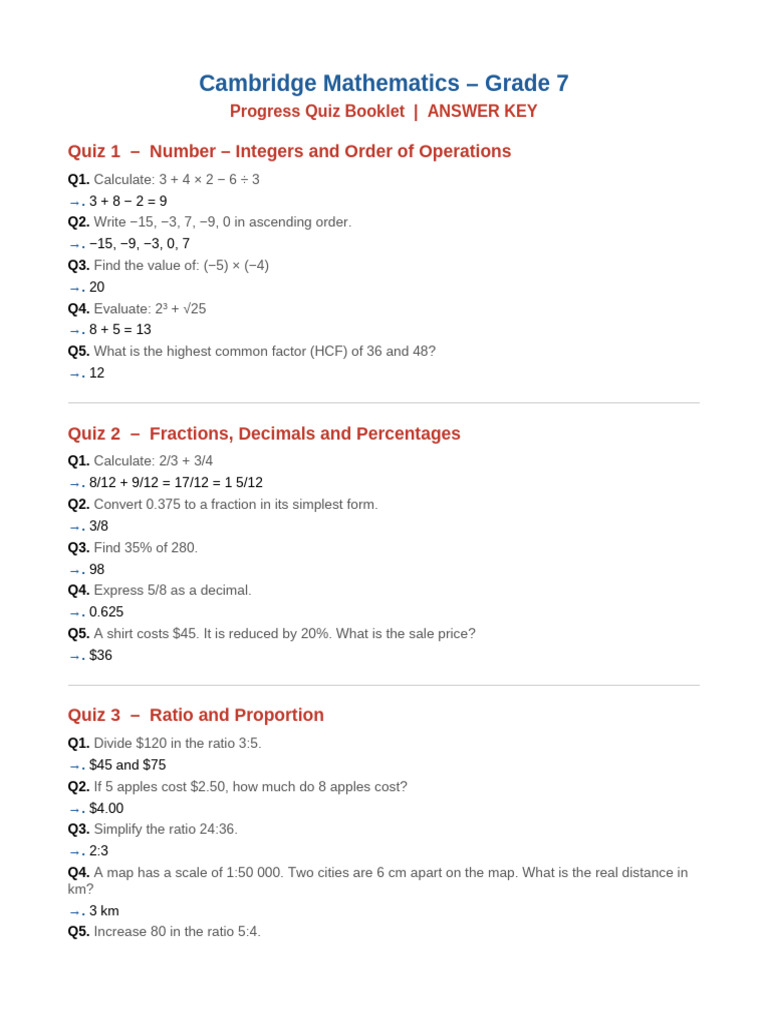 Grade7 Maths Answer Key | PDF | Area | Euclidean Geometry