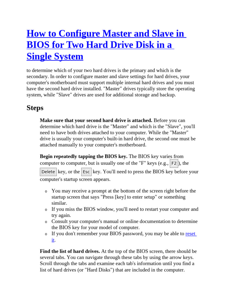 How to Configure Master and Slave in BIOS for Two Hard Drive Disk in a ...