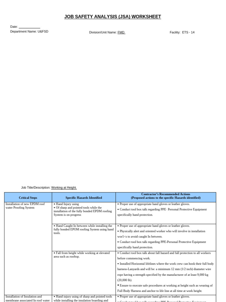 JSA for Working at height to Install EPDM at Roof Topd | PDF | Personal ...
