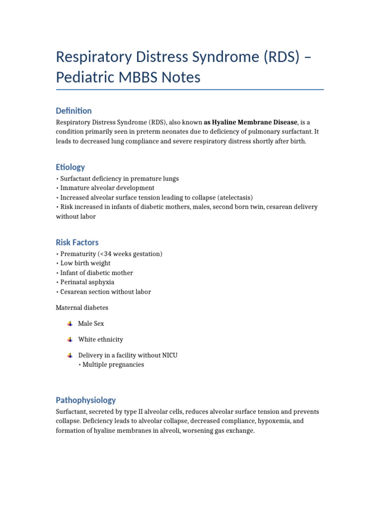Respiratory Distress Syndrome Pediatric Notes | PDF | Respiratory ...