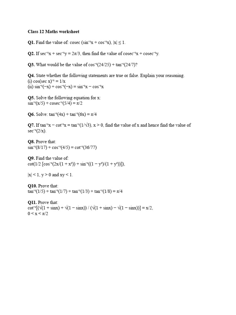 Class 12 Maths Work Sheet | PDF
