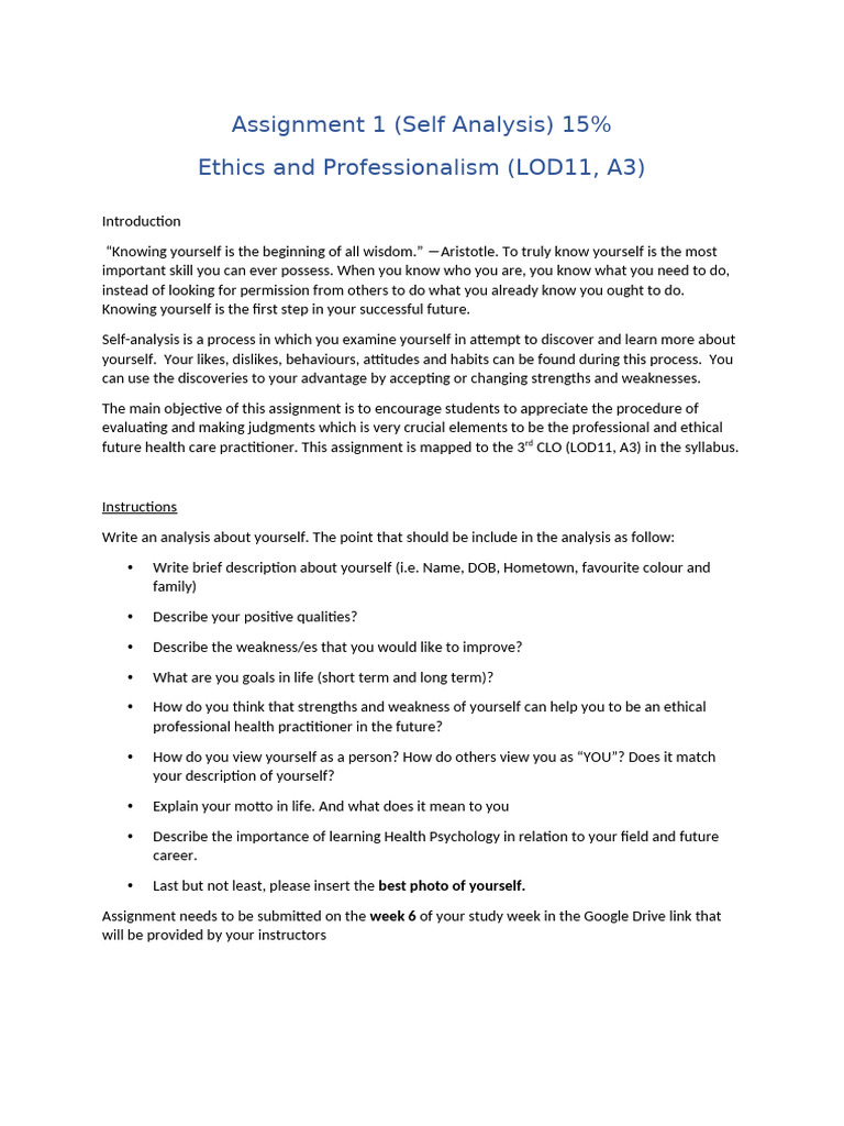 Assignment 1 Self Analysis | PDF | Psychological Concepts | Cognitive ...
