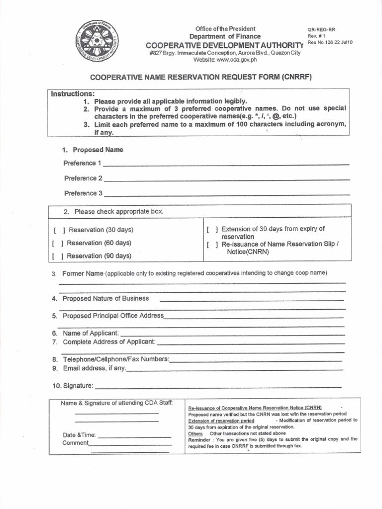 Cooperative Name Reservation Request Form | PDF