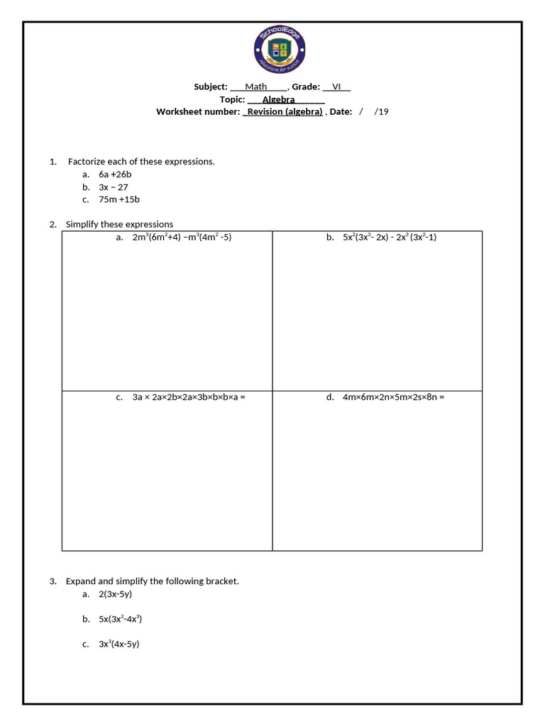 Worksheet Revision ALGEBRA | PDF