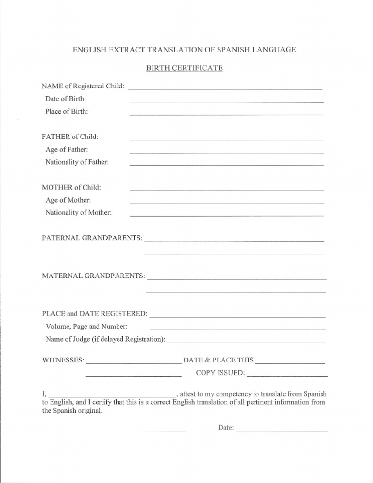 Birth Certificate Translation Form PDF
