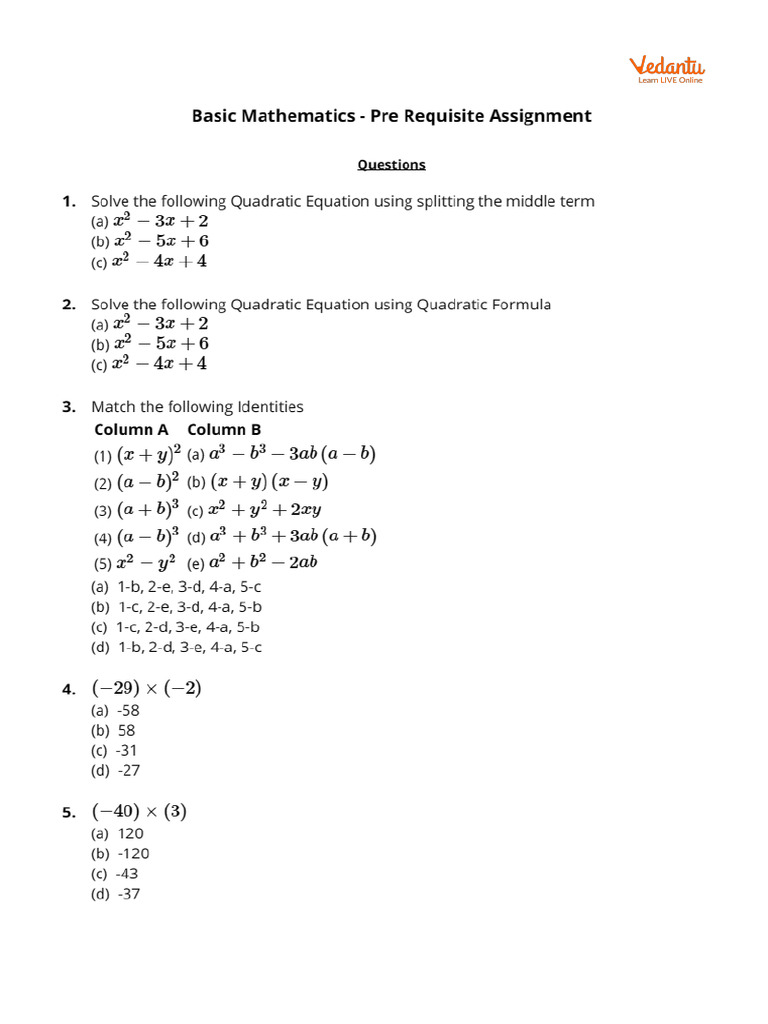 Basic Mathematics - Pre Requisite Assignment | PDF