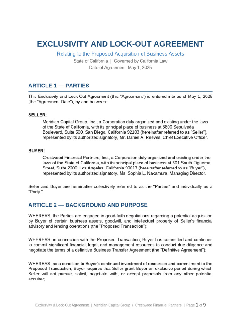 Exclusivity LockOut Agreement CA | PDF | Legal Remedy | Injunction