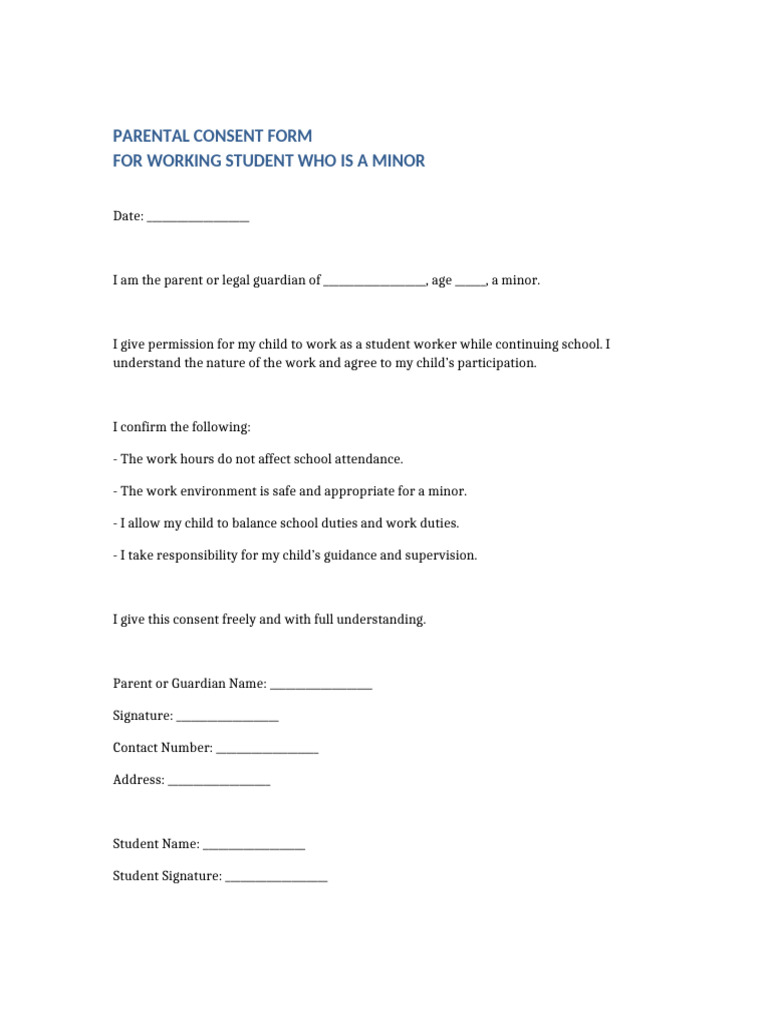 Parental Consent Form Working Student Minor | PDF