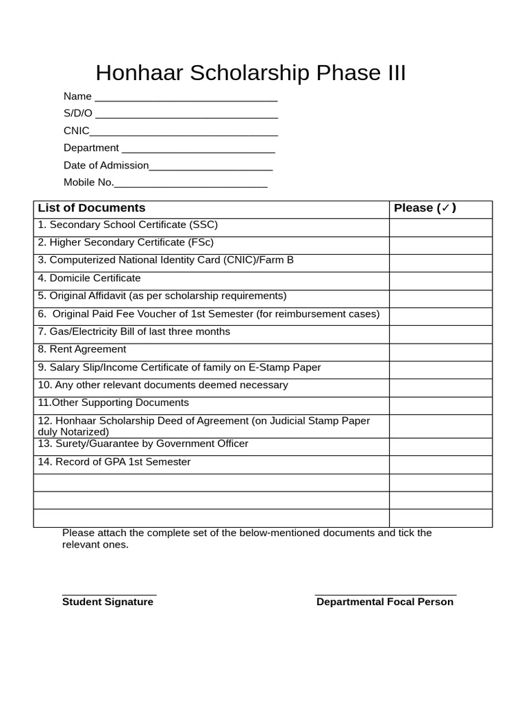 Honhaar Scholarship Phase III Required Documents | PDF