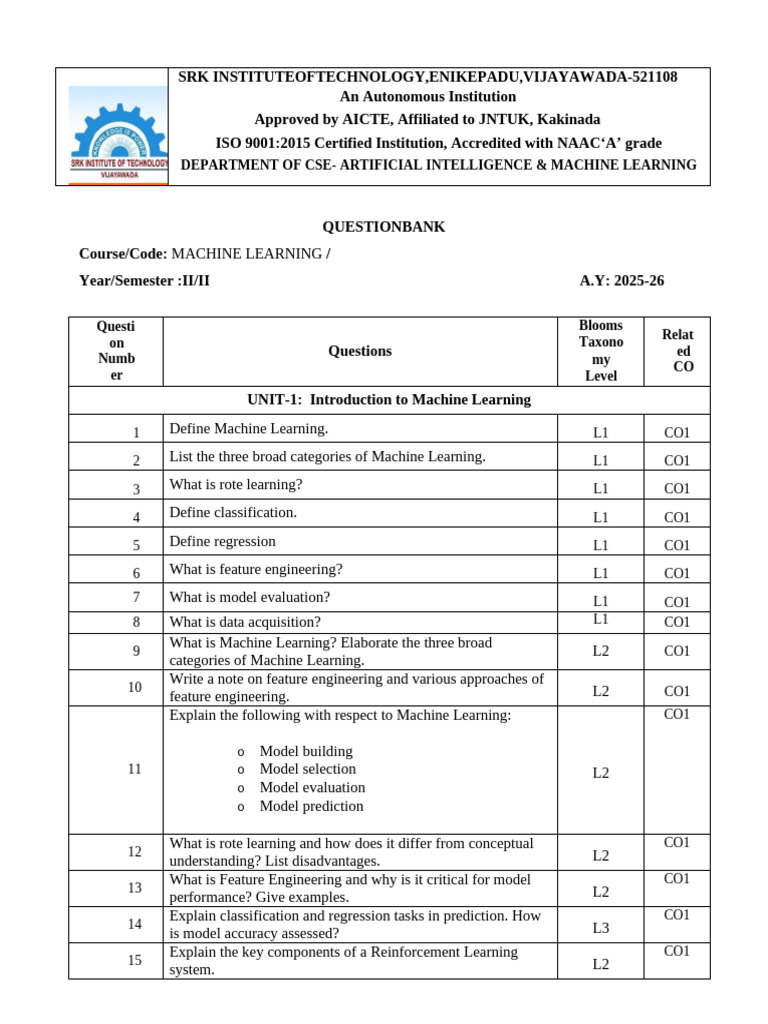 ML Question Bank 1 | PDF | Cluster Analysis | Support Vector Machine