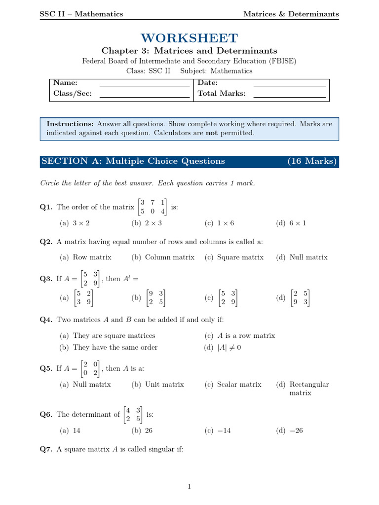 Chapter 3_Matrices Worksheet | PDF | Matrix (Mathematics) | Determinant