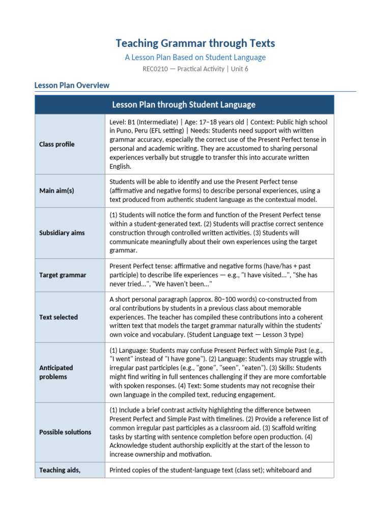 Lesson Plan Student Language | PDF | Perfect (Grammar) | Grammatical Tense
