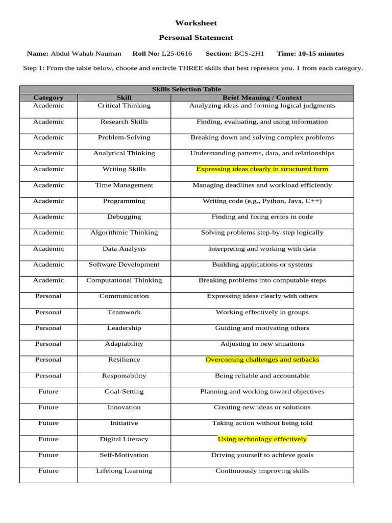 Worksheet Personal Statement | PDF | Thought | Skill