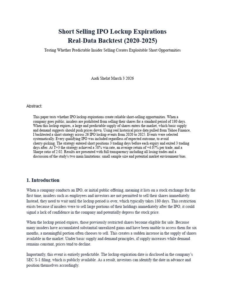 Paper on Ipo Lockups (1) (1) | PDF | Financial Risk | Short (Finance)