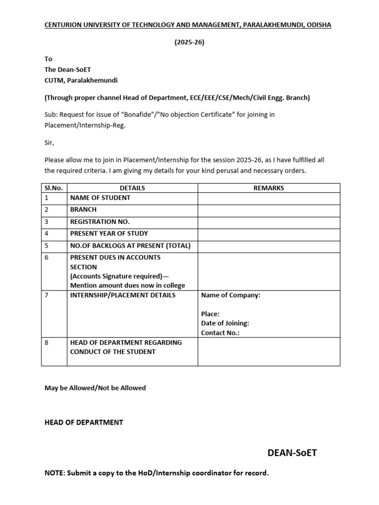 Internship Clearance Format 2025 26 | PDF