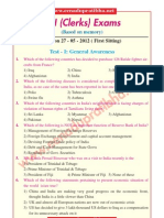 SBI (Clerks) Exams - General Awareness - 2012