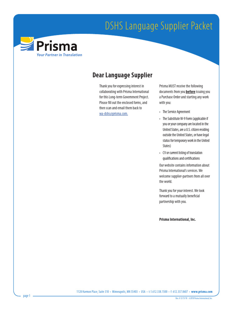 DSHS Language Supplier Packet | PDF | Internal Revenue Service | Editing