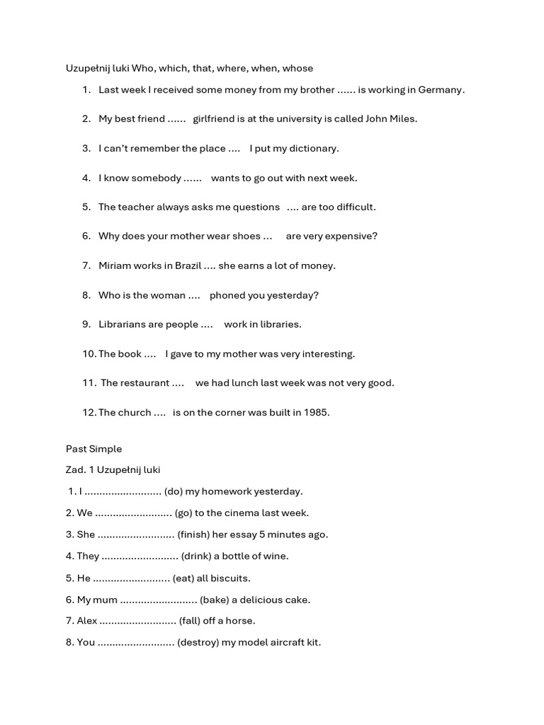 Past Simple, Used to, Who, Which, Whose, That Where | PDF