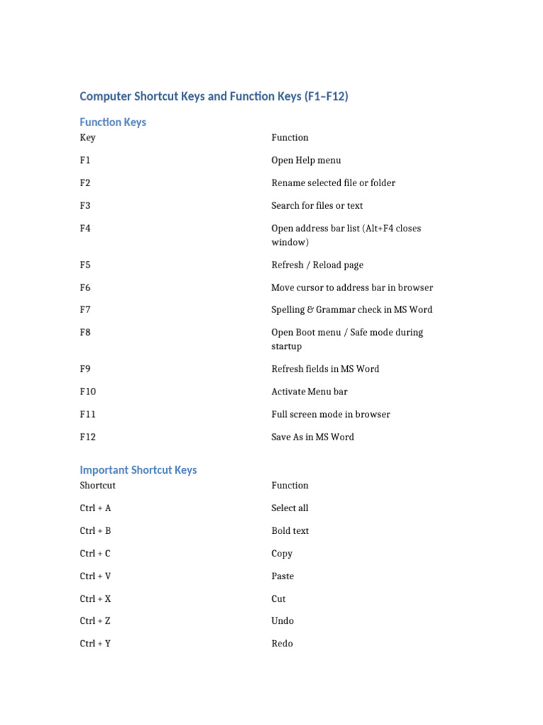 Shortcut and Function Keys | PDF