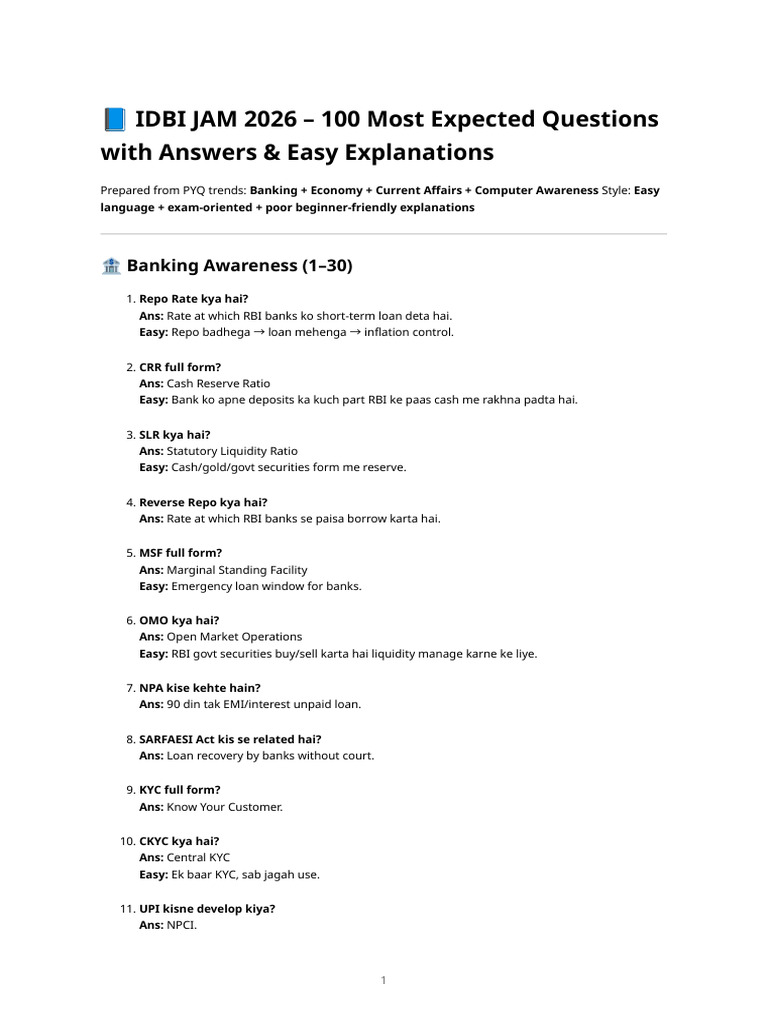 Idbi Jam 100 Most Expected Ga Banking Computer Mock With Answers | PDF ...