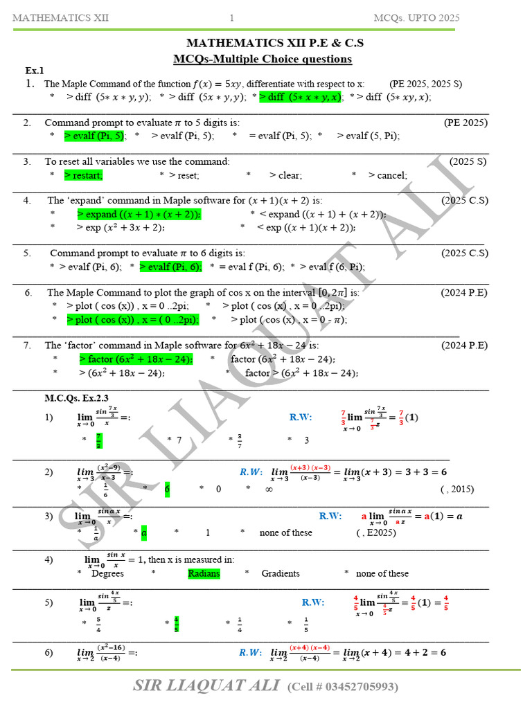 MCQS. Math XII With Solution for 2026 With Water Mark | PDF | Function ...