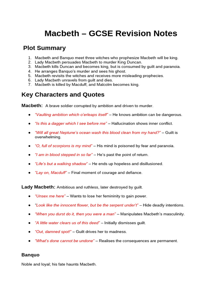 Macbeth - GCSE Revision Notes | PDF | Macbeth | Shakespearean Tragedies