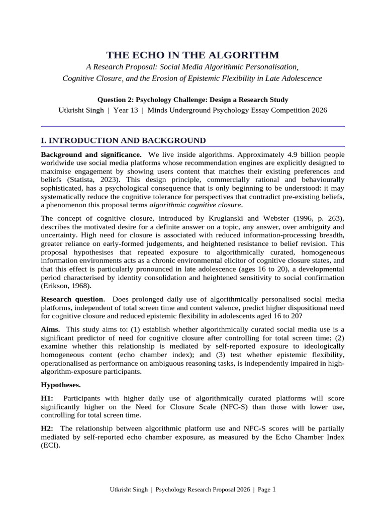 Utkrisht Singh Psychology Proposal 2026 | PDF | Cognition | Adolescence