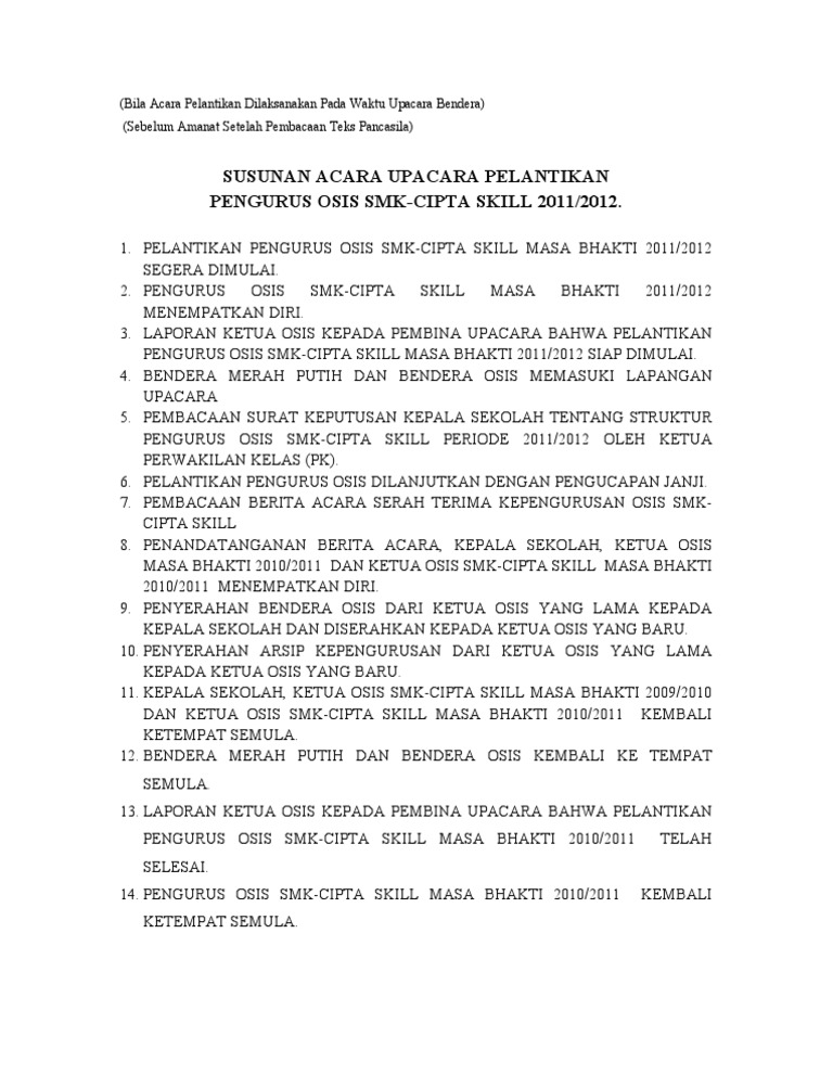 Susunan Acara Upacara Pelantikan Osis