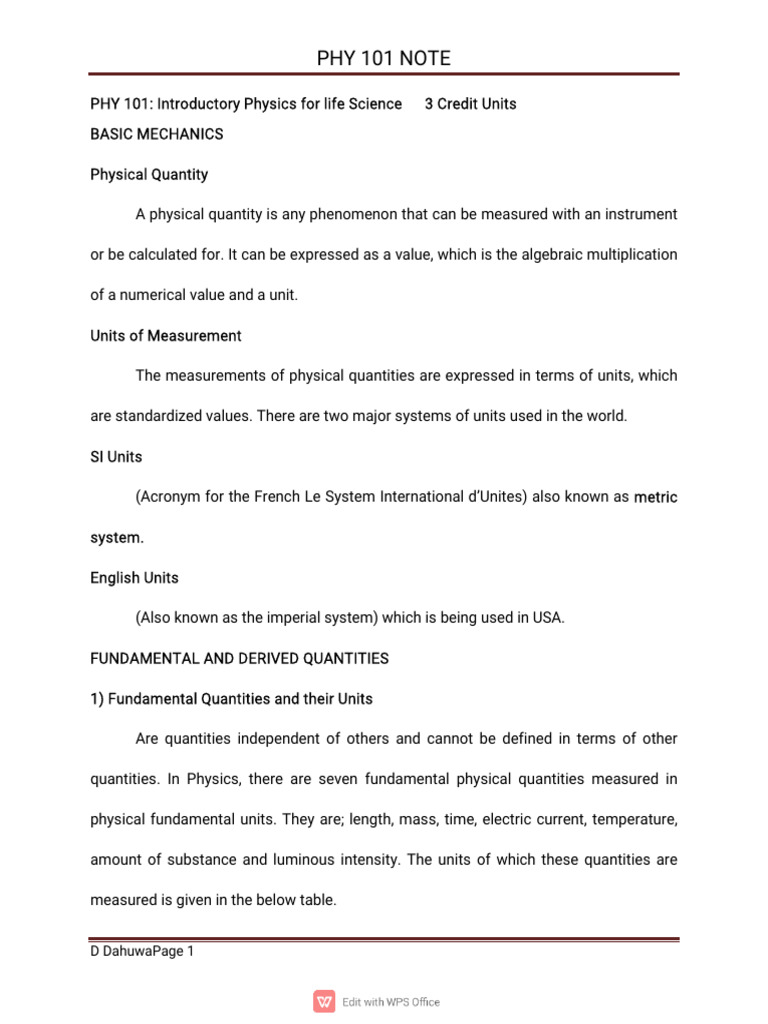 PHY 101 NOTE-1 | PDF